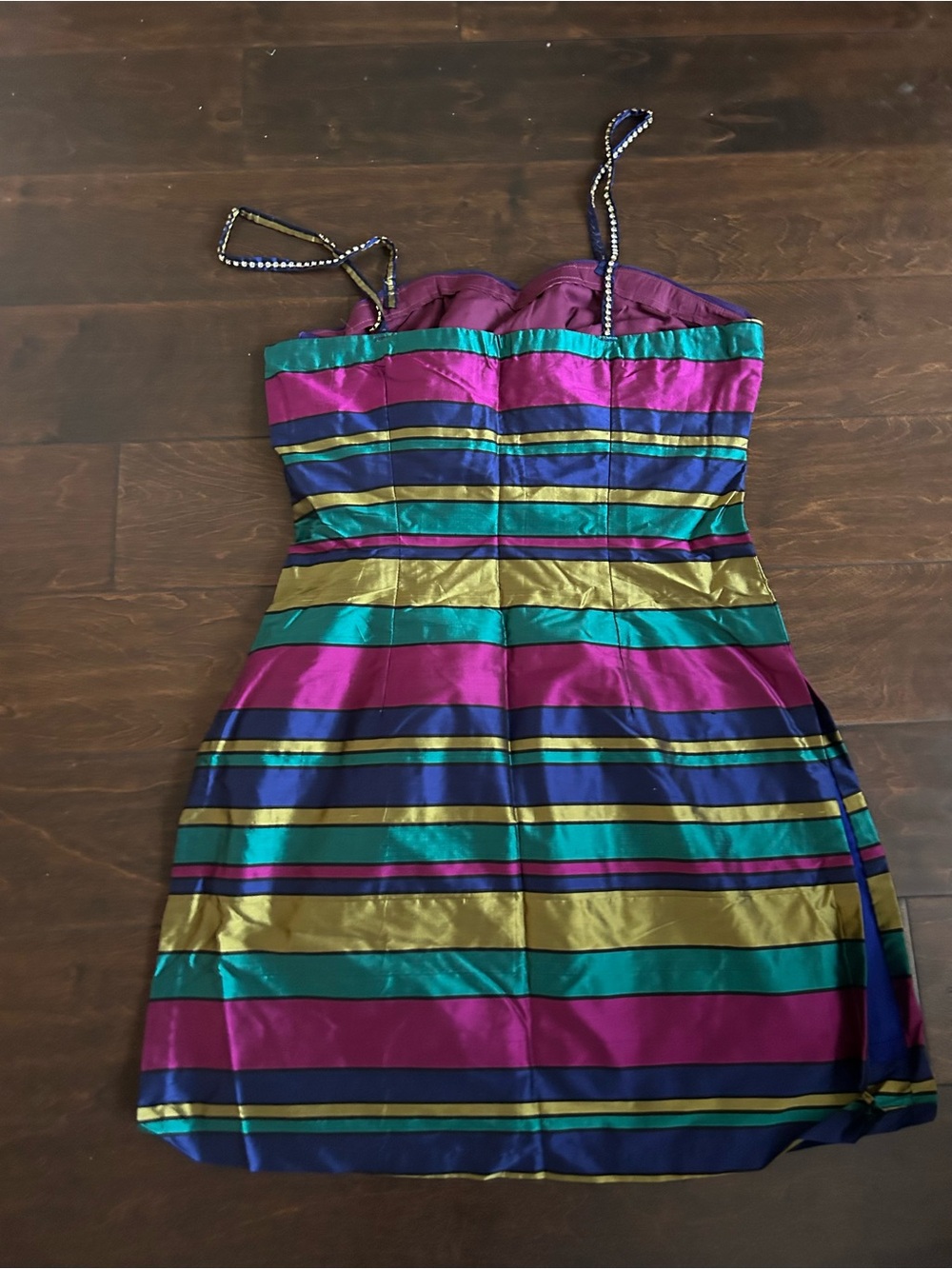 New Women’s Striped Silk Kurti Pleated Detail Rhinestone Straps Sz S